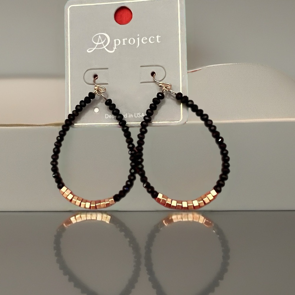 Teardrop Black Crystal and Gold Bead Drop Earrings